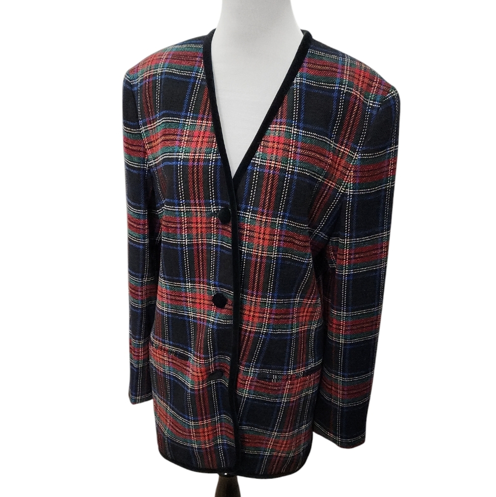 Vintage 1990s Liz Claiborne Wool Blend Tartan Pattern Blazer Size 12